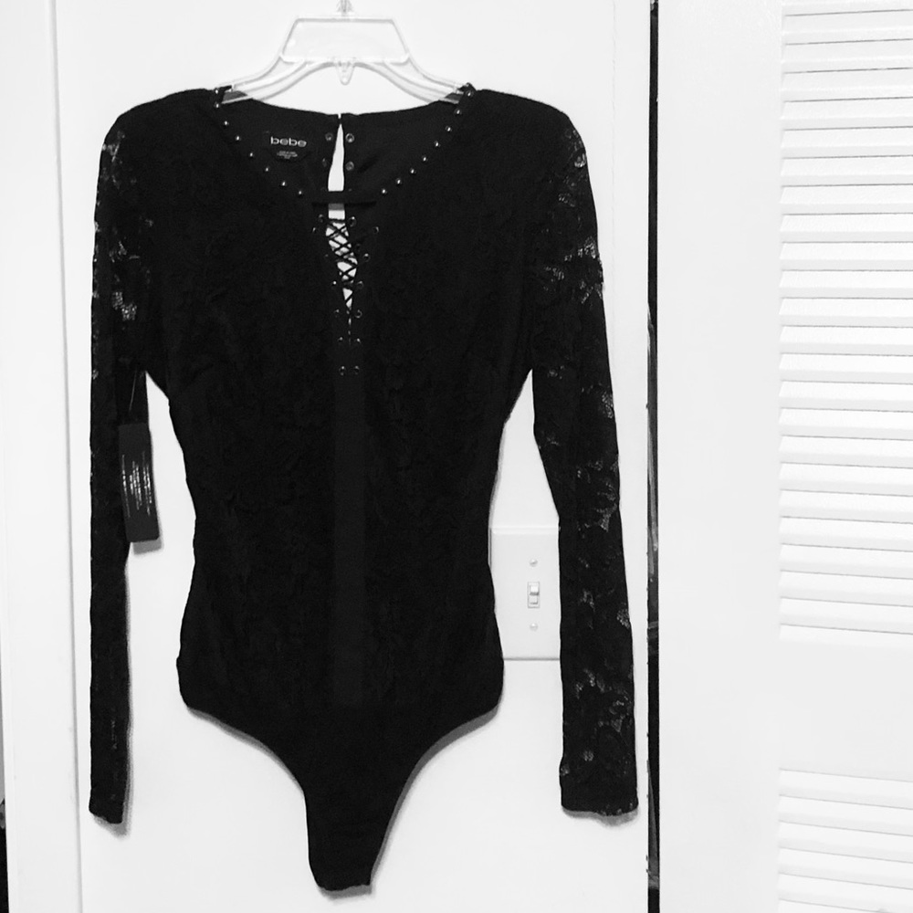 NWT BEAUTIFUL BEBE BLACK LACE LINED LONG SLEEVE BODYSUIT SIZE M